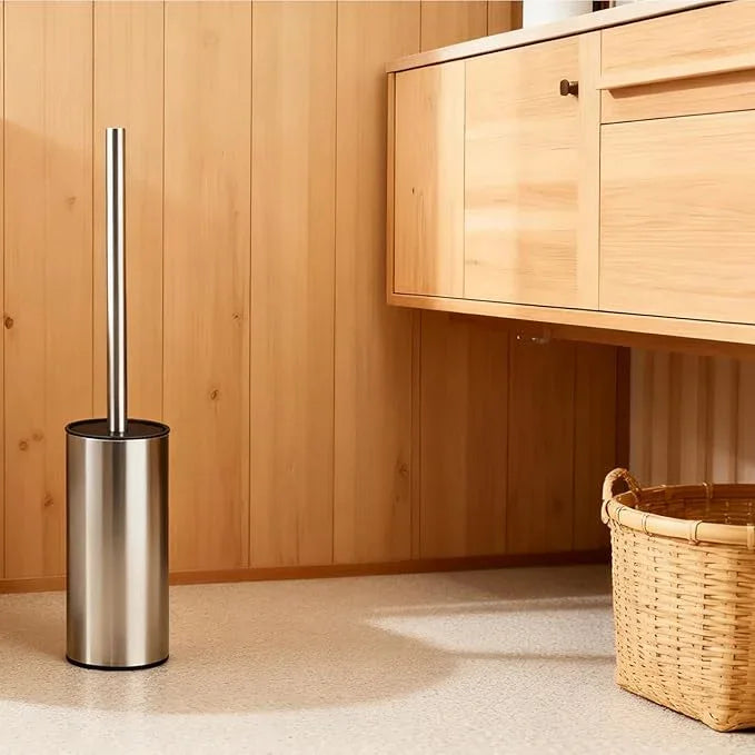 Toilet Brush and Holder Set, NEWRAIN Stainless Steel Toilet Brush with Long Brush Handle, Brushed Nickel Toilet Scrubber and Covered Holder, Round Design Sturdy and Space Saving, Covered Brush - ModernBath