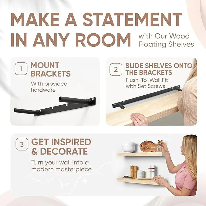 Homeforia 24 inch Wood Floating Shelves, High End Solid Natural Wood 24inch Floating Shelf for Wall, Unfinished Wooden 24 inches Floating Shelves, Heavy Duty Bracket, 24 X 6.5 X 1.75 in, Set of 2 - ModernBath