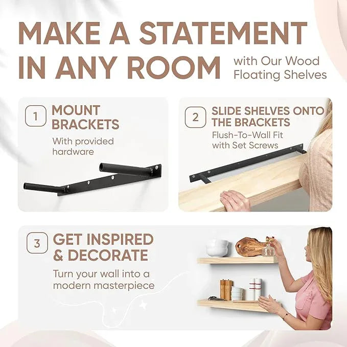 Homeforia 24 inch Natural Floating Shelf, High End Solid Real Wood 24inch Small Floating Shelves for Wall Mounted, Natural Wooden Floating Shelves, Heavy Duty Bracket, 24 X 6.5 X 1.75 in, Set of 2 - ModernBath