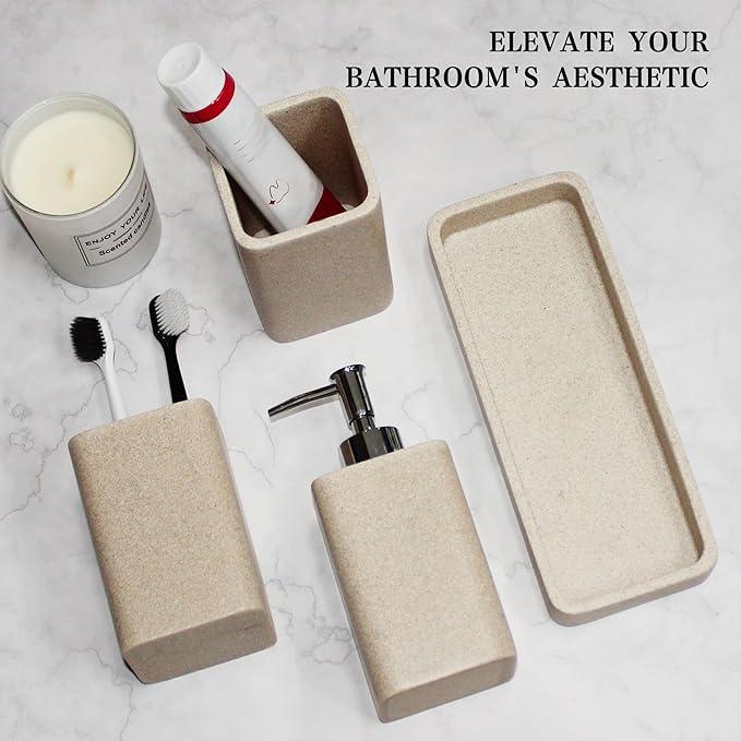 YMXYJM Bathroom Accessories Set, 4 Pcs Bathroom Accessory Set, Soap Dispenser, Toothbrush Holder, Qtip Holder Set, Bathroom Sets Complete, Bathroom Sink Set for Modern Home, Beige - ModernBath