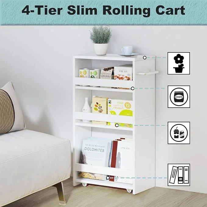 MARTY Rolling Storage Cart 7.9" W, 4-Tier Kitchen Cart with Wheels Handle, Slim Storage Cart Mobile Shelving Utility Carts for Bathroom Laundry Room Organization Narrow Places (All White) - ModernBath