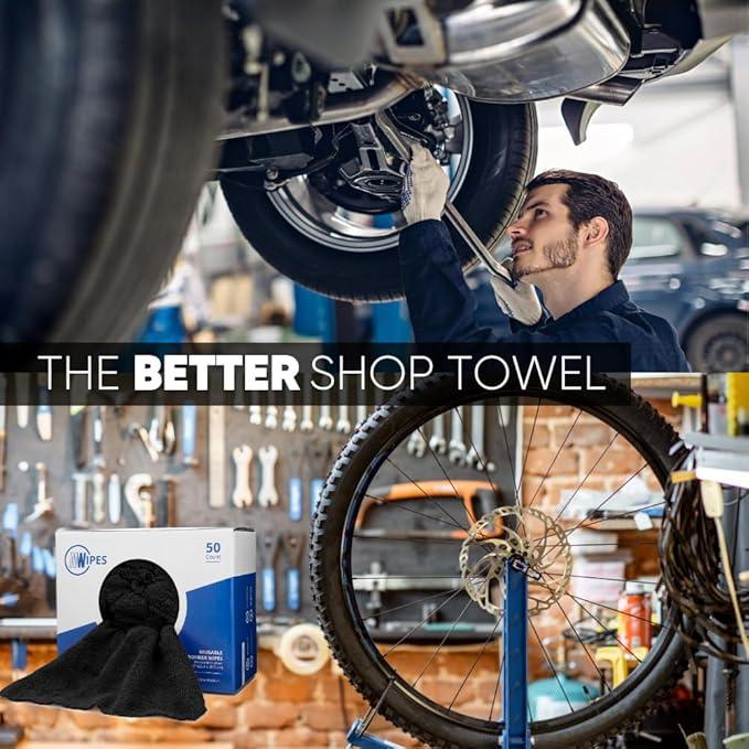 Black Microfiber Shop Towels | MWipes Reusable Shop Rags | 50 Rags in a Box | Super Absorbent, Machine Washable Hundreds of Times | Automotive, Paint, Industrial, Detailing - ModernBath