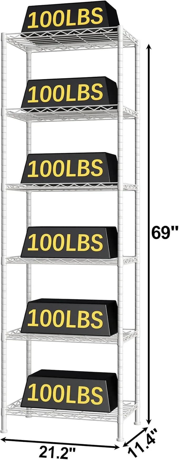 HOMEFORT 6-Shelving Unit, Adjustable Wire Shelving, Metal Wire Shelf Rack Organizer for Kitchen, Pantry, Closet, Bathroom, Laundry, White, 21" W x 11" D x 69" H - ModernBath