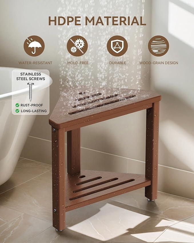 Teak Shower Foot Rest 15in, HDPE Waterproof Shower Stool for Inside Shower, Corner Shower Stool for Shaving Legs with Storage Shelf for Small Space, Shower Step Stool, Plastic Corner Shower Bench - ModernBath