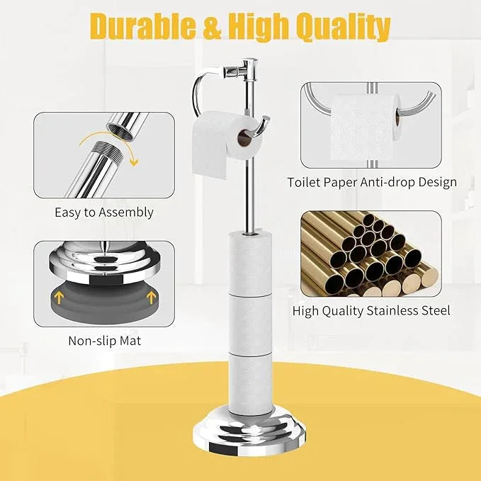 BESy Toilet Paper Holder Free Standing Bathroom Toilet Tissue Holder Stand for Floor Toilet Paper Roll Holder with Storage Hardware Accessories Rack Hand Towel Bar Polished Chrome Stainless Steel - ModernBath