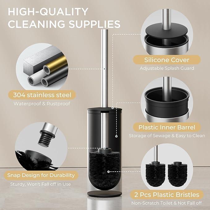 FORIOUS Toilet Brush and Holder Set Brushed Nickel, Heavy Duty 304 Stainless Steel Base and Long Handle Toilet Bowl Cleaners Brush, for Bathroom Storage and Organization, 2 Brush Head - ModernBath