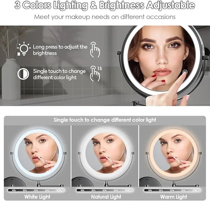 Rocollos 9" Wall Mounted Lighted Makeup Mirror, Large Double Sided 1X/10X Magnifying Mirror, 3 Color LED Vanity Mirror, Touch Dimmable 360° Swivel Light Up for Bathroom - ModernBath