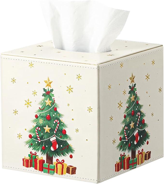 Luxspire Christmas Tissue Box Cover, 5.51" Square Tissue Box Cover with Magnetic Closure, Tissue Box Holder Christmas Decor for Living Room Bedroom Countertop Cars Hotels, Christmas Tree - ModernBath