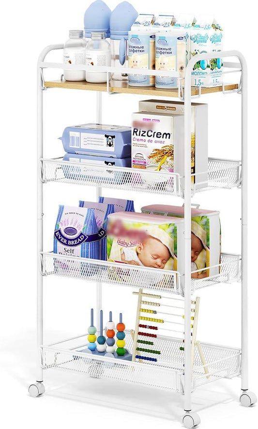 TOOLF 4-Tier Rolling Cart, Metal Utility Cart, Slide Out Storage Cart with Wooden Tabletop and Mesh Baskets, Easy Assemble Trolley for Kitchen Bathroom Laundry Room Bedroom Apartments Dormitory - ModernBath