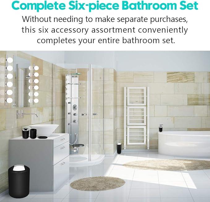 Papillon 6-Piece Bathroom Accessories Set, Toothbrush Holder with Cup, Soap Dispenser & Dish, Toilet Brush, Trash Can, Tumbler Set (Black) - ModernBath