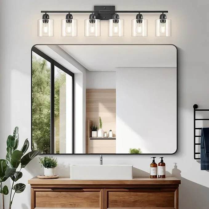 Bath Vanity Lights For Mirror, Restroom Lights Fixtures With Milky White Frosted Glass Shades,Bathroom Over Sink Light Fixtures, Bathroom Light Fixtures Over Mirror (Black with clear glass, 6-Light) - ModernBath