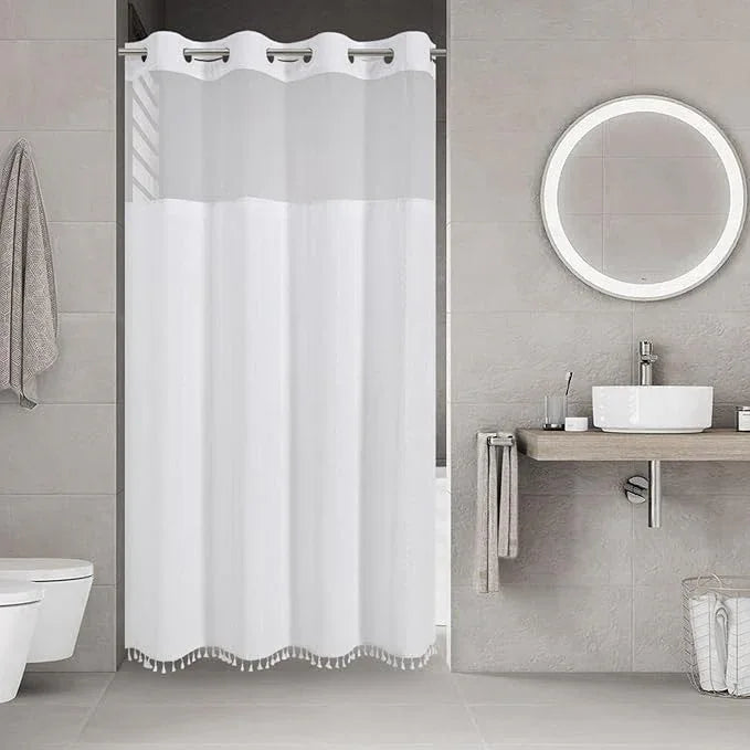 eachope No Hook Stall Shower Curtain with Snap-in Fabric Liner - 54x80 Heavy-Duty Linen Textured Striped Design,Narrow Rustic Modern Farmhouse Bohemian Bathroom Curtain,Water-Repellent,White - ModernBath
