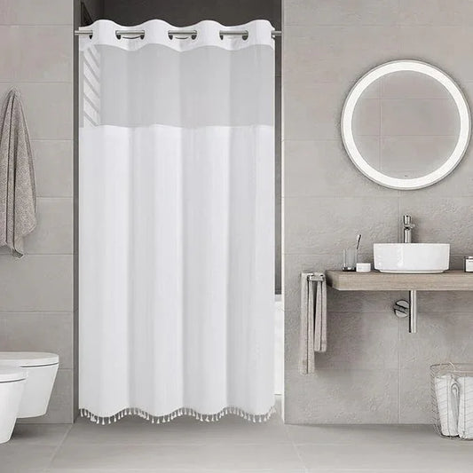 eachope No Hook Stall Shower Curtain with Snap-in Fabric Liner - 54x80 Heavy-Duty Linen Textured Striped Design,Narrow Rustic Modern Farmhouse Bohemian Bathroom Curtain,Water-Repellent,White - ModernBath