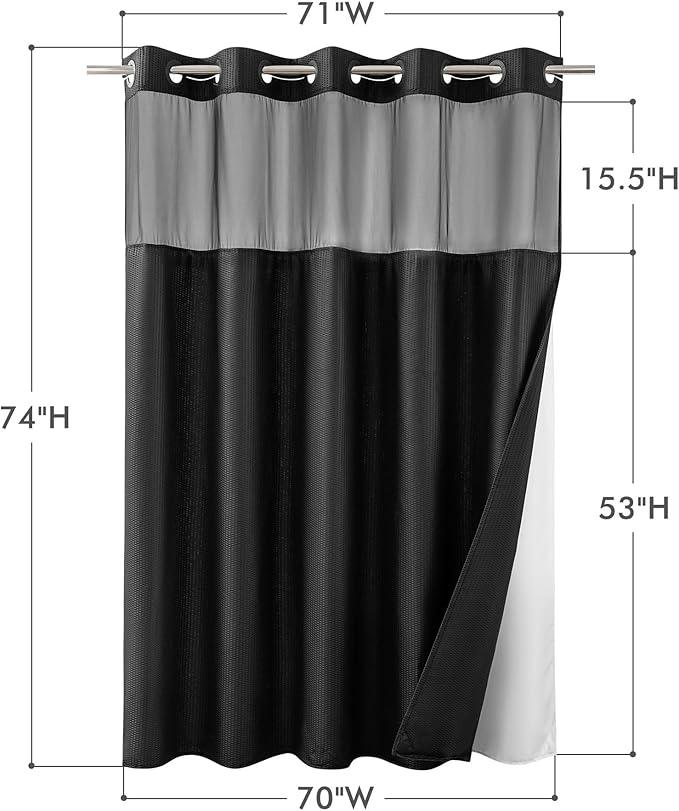 Mrs Awesome No Hook Shower Curtain with Snap-in Liner Less Time On/Off, Embossed Waffle-Look Textured Fabric Shower Curtain for Bathroom, Soft & Lightweight, 71x74, Black - ModernBath