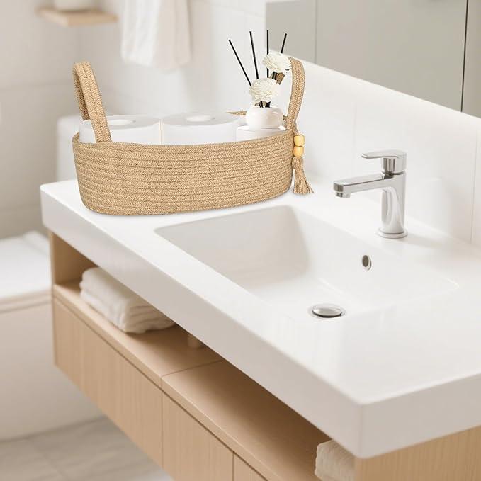 ABenkle Small Storage Basket for Toilet Tank Top - Jute Rope Woven Organizer with Handle, Boho Countertop Bathroom Decor, Toilet Paper Holder, 13x6x4 Inch - ModernBath