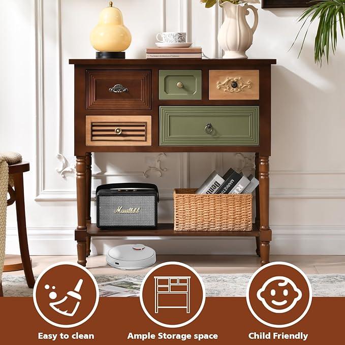 Vintage Accent Cabinet with 5 Drawers and Open Shelf, Multi-Tone Console Table with Turned Wood Legs, Mid-Century Entryway Table for Hallway or Living Room - ModernBath