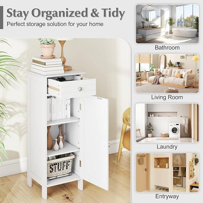 Tangkula Bathroom Floor Cabinet, Free-Standing Single Door Storage Cabinet with Drawer & 2 Adjustable Shelves, Wooden 14”L Narrow Side Storage Organizer for Small Spaces, Living Room, Kitchen (White) - ModernBath