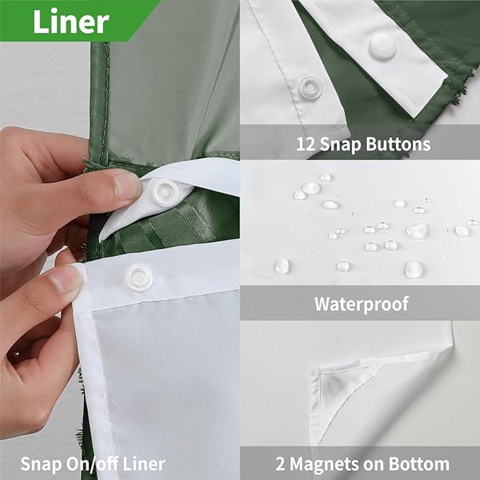 No Hook Shower Curtain and Liner Set,No Hook Tufted Striped Textured Shower Curtain with Snap in Liner Replacement and Waterproof Fabric,Boho Style with See Through Top Window,DarkGreen,71Wx86H - ModernBath