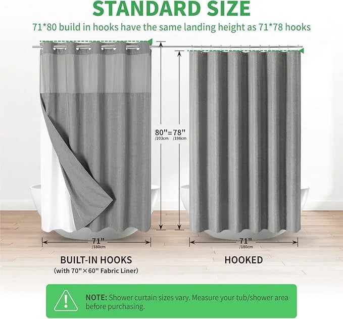 eachope Long No Hooks Needed Linen Textured Shower Curtain with Snap-in Fabric Liner Set,Grey Hotel Luxury Decor Shower Curtains for Bathroom,Waterproof & Washable,71Wx80H - ModernBath