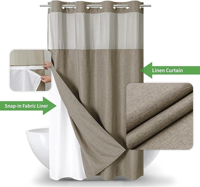 eachope Stall No Hooks Needed Linen Textured Shower Curtain with Snap-in Fabric Liner Set,Hotel Luxury Decor Farmhouse Shower Curtains for Bathroom,Waterproof & Washable,54Wx80H,Khaki/Tan - ModernBath