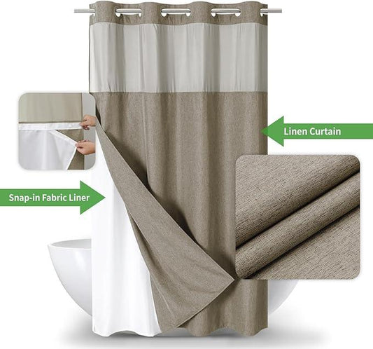 eachope Stall No Hooks Needed Linen Textured Shower Curtain with Snap-in Fabric Liner Set,Hotel Luxury Decor Farmhouse Shower Curtains for Bathroom,Waterproof & Washable,54Wx80H,Khaki/Tan - ModernBath