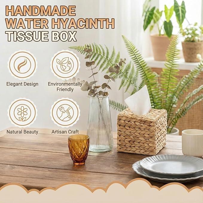 3 Pack Square Rattan Tissue Box Cover, Water Hyacinth Tissue Box Holder, Natural Hand Woven Wicker Tissue Holder for Bathroom, Kitchen, Living Room, Bedroom, Boho Decorative - ModernBath
