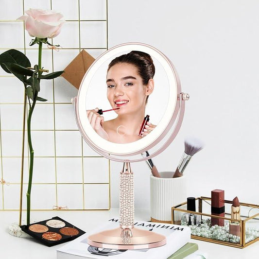Senshuerjie 7" Rose Gold Glitter Diamond Rhinestone Makeup Mirror,360°Rotate Round Tabletop Vanity Mirror Double Sided 1X/10X HD Undistorted Magnifying Mirror,Portable Vanity Women Gift (Rose Gold) - ModernBath