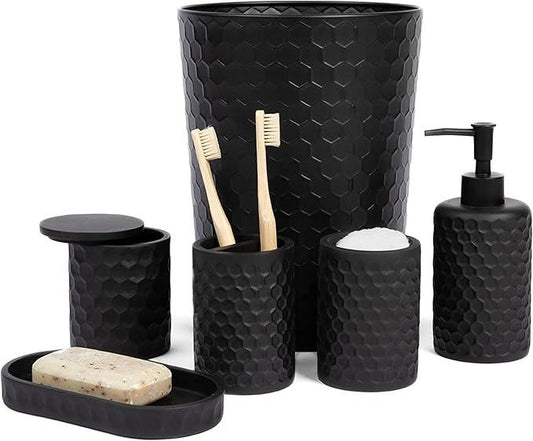 zccz 6 Piece Bathroom Accessories Set, Toothbrush Holder, Toothbrush Cup, Soap Dispenser,Bathroom Vanity Tray, Qtip Holder, Trash Can - Black - ModernBath