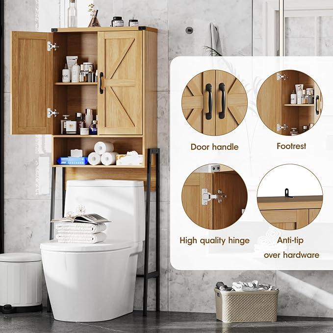 Over The Toilet Storage Cabinet with 2-Door Design Bathroom Organizers and Storage with Anti-Tip Device Over Toilet Organizer with Shelves for Bathroom,Restroom,Laundry Natural - ModernBath