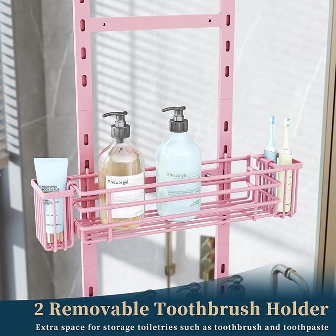 Consumest Over The Door Shower Caddy - 5 Tier Adjustable Shower Organizer Hanging with 2 Toothbrush Holders & 4 Hooks, Rustproof Organizer Shelf, Storage Rack for Bathroom, Pink - ModernBath