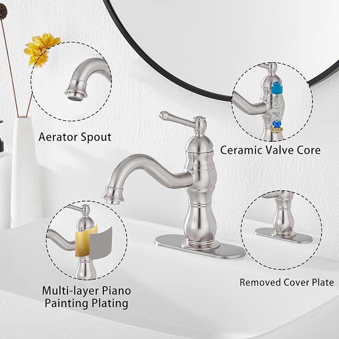 Bathroom Faucet Brushed Nickel GGStudy 360° Swivel Bathroom Vanity Faucet Single Handle One Hole Bathroom Sink Faucet Basin Matching Pop Up Drain with Overflow - ModernBath