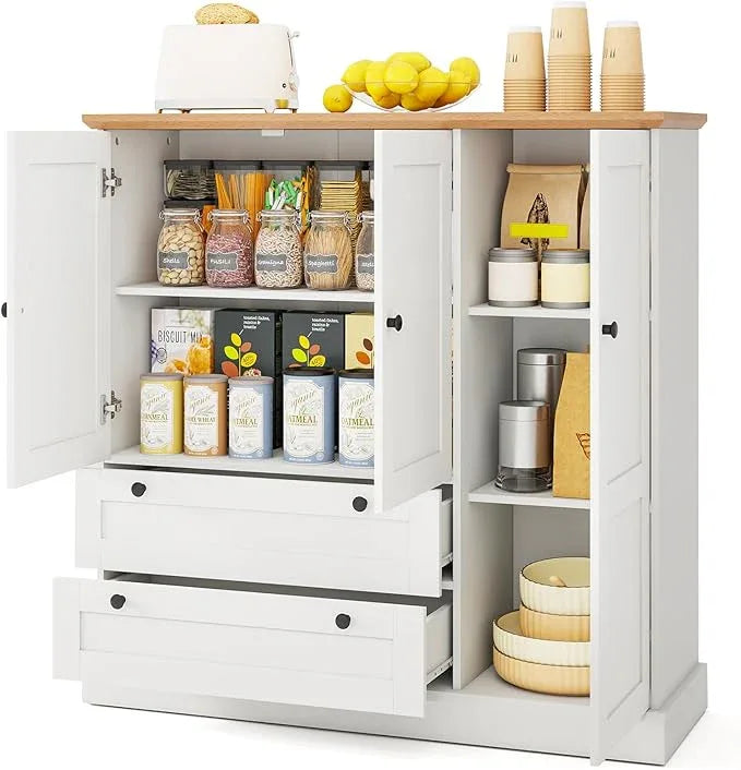LOKO 47.5” Tall Buffet Cabinet with Storage, Modern Storage Cabinet with 3 Doors & 2 Large Drawers, Farmhouse Kitchen Pantry with Removable Shelf for Dining Room, Living Room, Home Bar - ModernBath