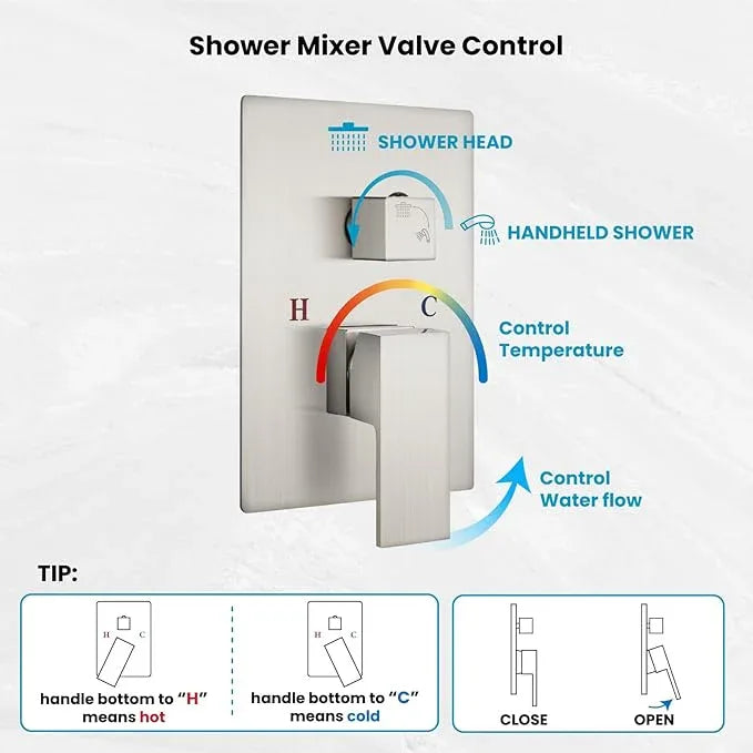 gotonovo Rainfall Bathroom Shower System Rain Shower Head and Handle Set Wall Mounted Shower Complete Combo Solid Brass Pressure Balancing Shower Mixer Valve 12 Inch Brushed Nickel - ModernBath