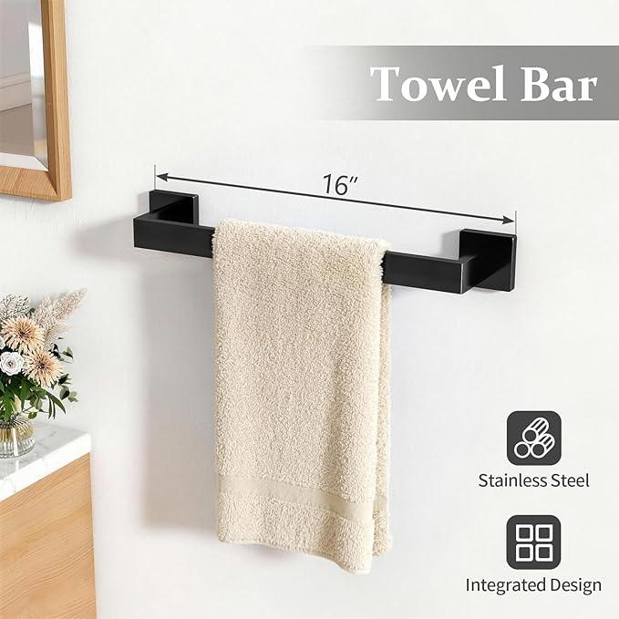 Matte Black Bathroom Accessories Hardware Set 5-Piece, Stainless Steel Towel Racks for Bathroom, 16 Inch Bath Towel Bar Set Wall Mounted - ModernBath