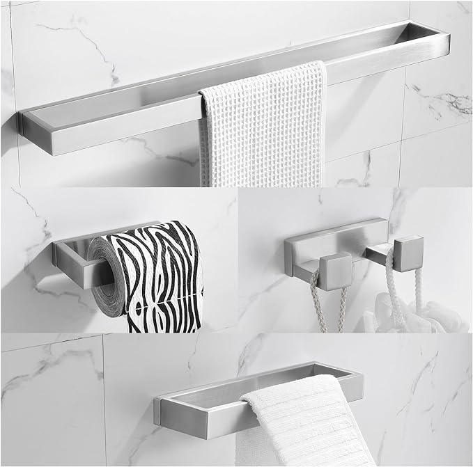 TNOMS Brushed Bathroom Hardware Accessories Set 4 Pieces Brushed Nickel Towel Bar Set, 23.6 Inch Towel Rack Set SUS304 Stainless Steel Bathroom Set,Wall Mounted - ModernBath