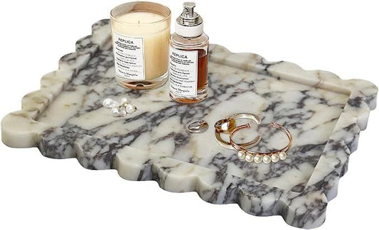 Prolee Scalloped Marble Tray,Marble Vanity Trays for Bathroom 12" x 9", Scalloped Tray,Wave Appearance Jewelry Home Decor Stone Trays for Kitchen Counter, Bathroom,Genuine Calacatta Viola - ModernBath
