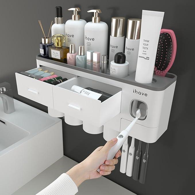 iHave Toothbrush Holders for Bathrooms, 4 Cups Toothbrush Holder Wall Mounted with Toothpaste Dispenser - Large Capacity Tray, 2 Cosmetic Drawer - Bathroom Organizer & Bathroom Accessories Set - ModernBath