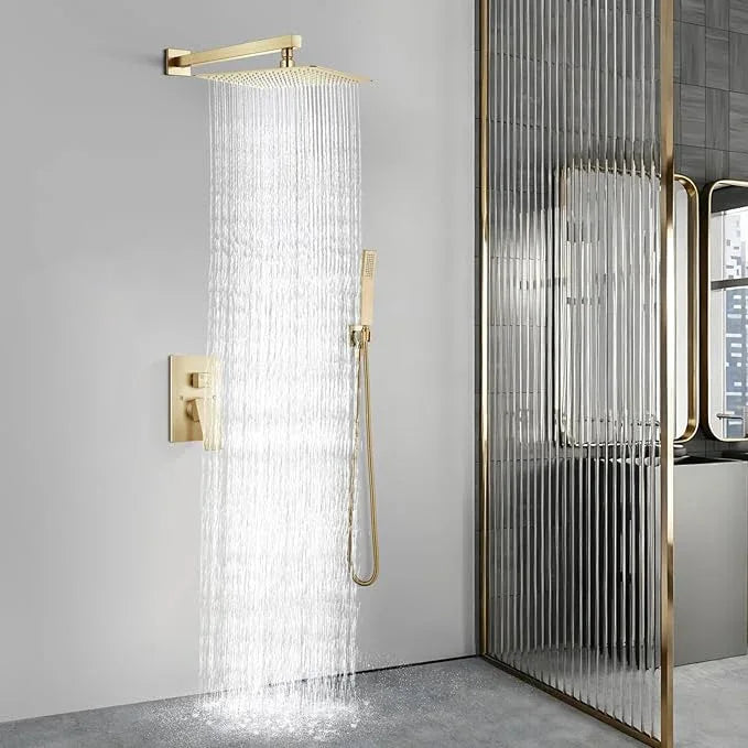 Aolemi Shower Faucet Set Rain Shower System with Handheld Spray Bathroom Shower Combo Rough-in Valve and Shower Trim Kit Included Brushed Gold 16 Inch Wall Mount Shower Head - ModernBath