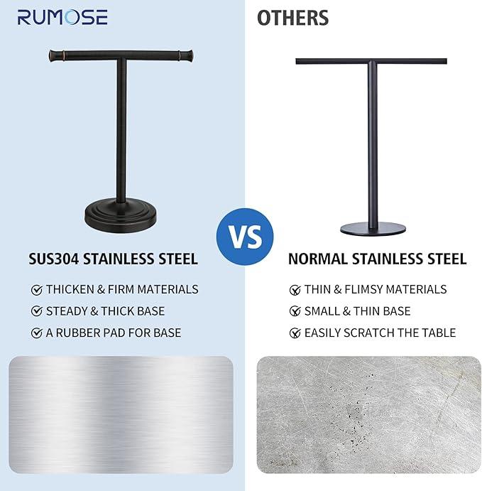 RUMOSE 13 Inch Oil Rubbed Bronze Towel Stand Hand Towel Holder Bathroom Kitchen Vanity Countertop T-Shape Towel Rack Free Standing Stainless Steel Towel Bar Towel Ring - ModernBath