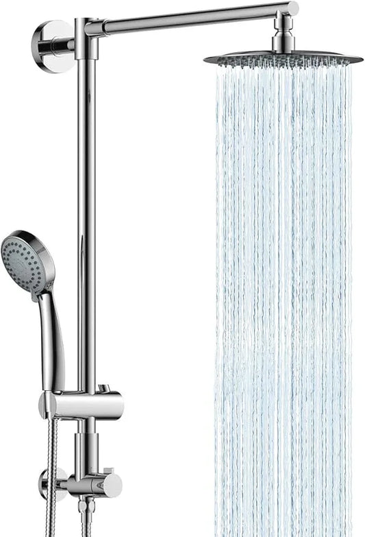 Fennocasa Polaris 1 Rain Shower System, includes 8” Rainfall Shower Head with High Pressure Handheld Combo, 3-Setting Handheld Spray, Height Adjustable Spray Holder, 60” Hose (Chrome) - ModernBath