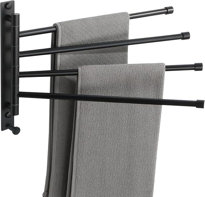 Alise Swivel Towel Rack, SUS304 Stainless Steel 4 Arms Towel Bar, Space Saving Swing Out Towel Bar with Hook, Towel Racks Wall Mounted for Bathroom, Matte Black - ModernBath