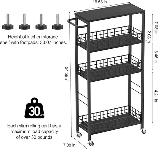 Slim Storage Cart 4 Tier Rolling Kitchen Cart Utility Serving Cart Laundry Room Narrow Cart with Handle Mobile Sheving Unit Organizer Wood Rolling Storage Cart for Bathroom Small Spaces, Modern Black - ModernBath
