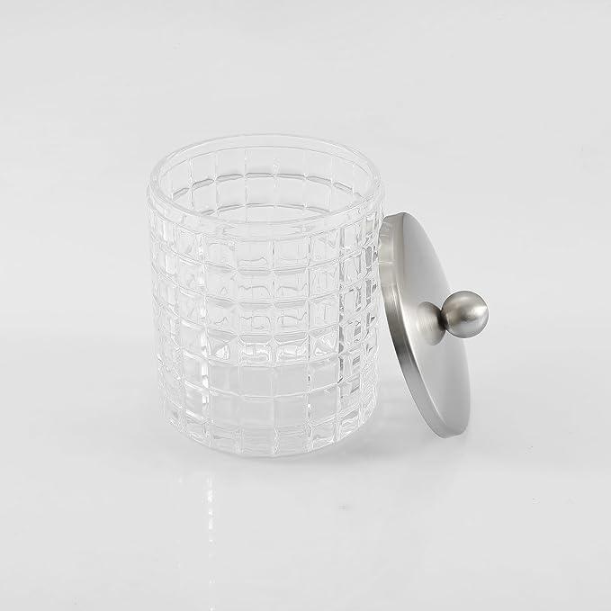 Indecor Home Clear transparent Apothecary Etched Geometric Grid Glass Jar W/Satin Nickel Metal Lid Cover for Bathroom Organization, Cotton Balls, Q Tips, and Small Accessories, Bathroom Storage - ModernBath