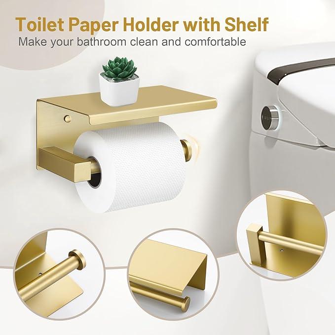 5-Piece Bathroom Hardware Set Brushed Gold Bathroom Hardware Accessories Set Upgraded Toilet Paper Holder with Shelf Towel Holder Set for Bathroom Stainless Steel Wall Mounted - ModernBath