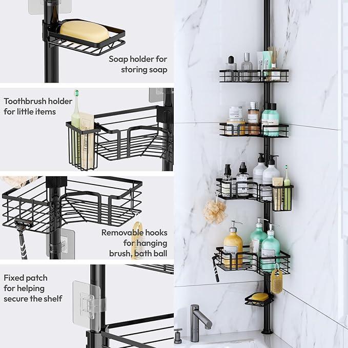 SWTYMIKI Shower Caddy Tension Pole - 4-Tier Corner Shower Organizer Tension Rod with Soap Holder, Toothbrush Holder & 4 Hooks, Adjustable Stainless Steel Bathroom Organizer 27.6 to 108.3 inch, Black - ModernBath