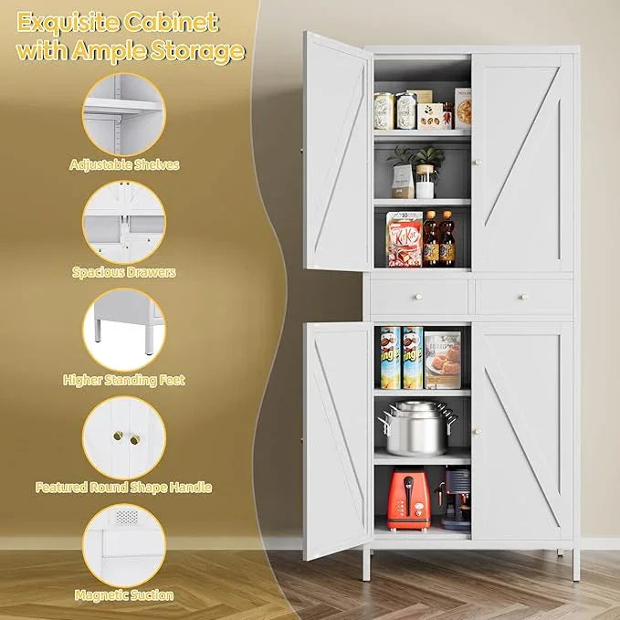 72.9" H Metal Pantry Cabinet, 4 Doors Kitchen Pantry Storage Cabinets with 2 Drawers, for Home Office Bathroom, Required Assembly, White - ModernBath