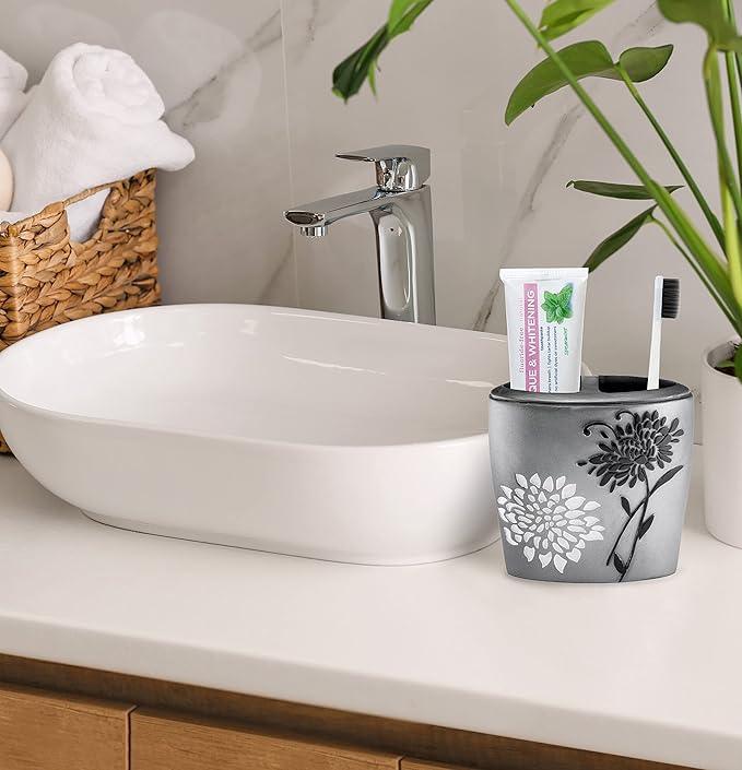 Zahari Home 4pc Erica Bathroom Accessories Sets Modern Classic Soap Dispenser, Tumbler, Tooth Brush Holder and Soap Dish Holder Unique Design Grey Bathroom Set - ModernBath