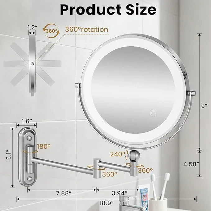 9" Wall Mounted LED Lighted Makeup Vanity Mirror - 4000mAh Rechargeable Double Sided 1X/30X Magnifying Mirror, 3 Color Lights Touch Dimmable, Height Adjustable Extended Arm 360° Swivel Bathroom Mirror - ModernBath