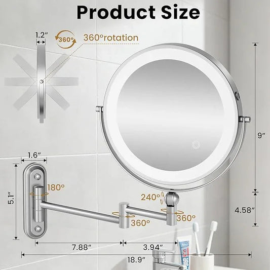 9" Wall Mounted LED Lighted Makeup Vanity Mirror - 4000mAh Rechargeable Double Sided 1X/30X Magnifying Mirror, 3 Color Lights Touch Dimmable, Height Adjustable Extended Arm 360° Swivel Bathroom Mirror - ModernBath