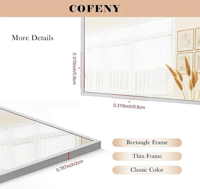 COFENY 30x72inch Bathroom Mirror, Silver Rectangle Mirror with Thin Metal Frame, Large Rectangular Wall Mirror for Bathroom, Living Roomm, Hair Salon, Big Farmehouse Mirrors Hang Horizontal/Vertical - ModernBath